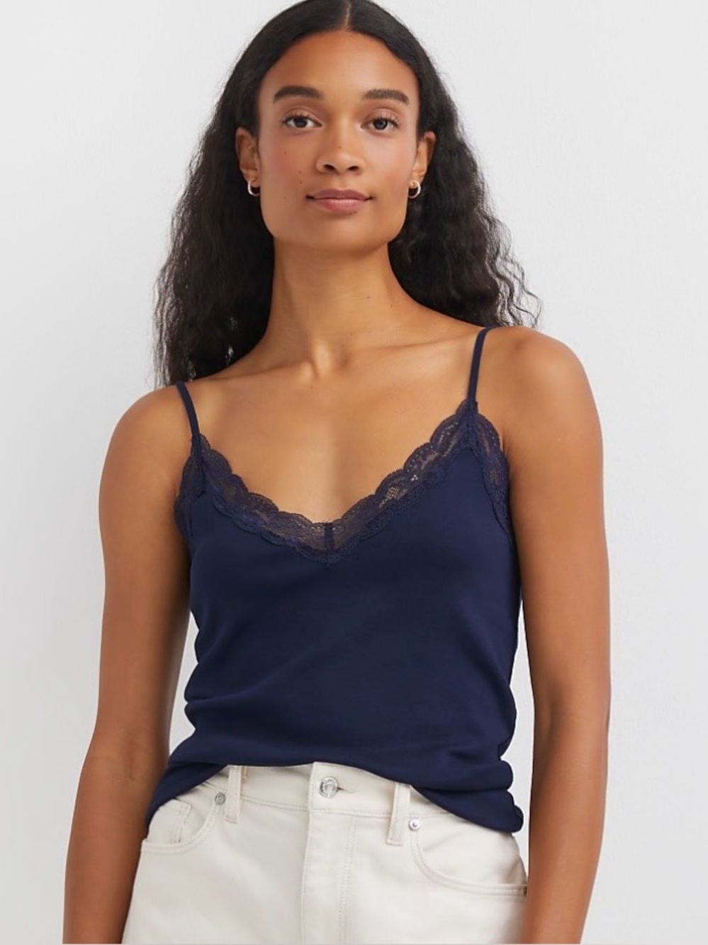 LOFT Lace Trim Ribbed V Neck Strappy Cami Navy Blue Tank Top NWT Size XS
